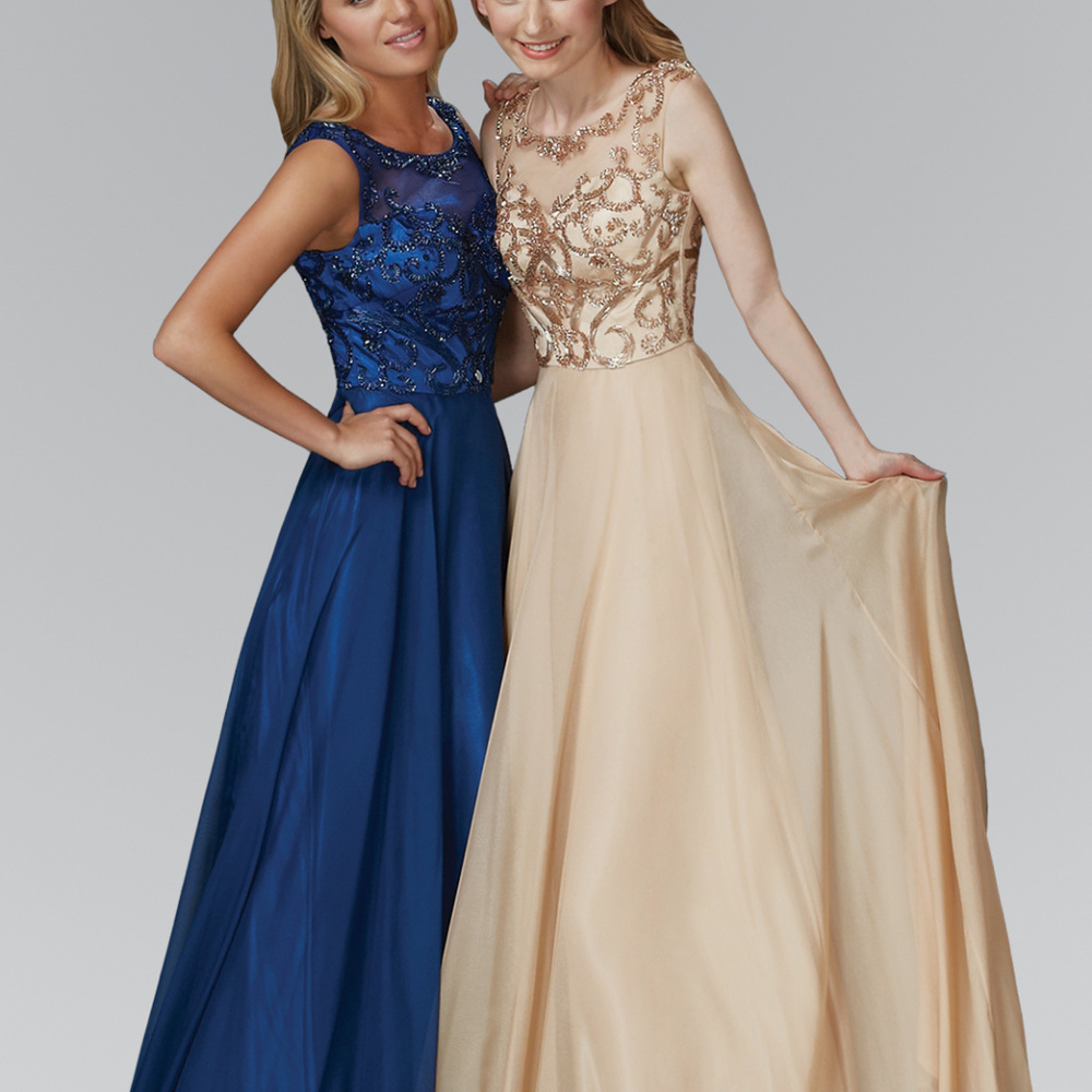 NEW NUDE COLOR Chiffon Long Dress with Beaded Bodice GL2106
